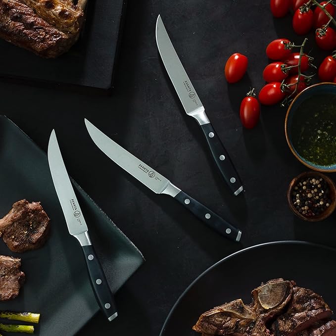 Messermeister Avanta Forged 5” Fine Edge Steak Knife Set - German X50 Stainless Steel - Rust Resistant & Easy to Maintain - Includes 4 Steak Knives