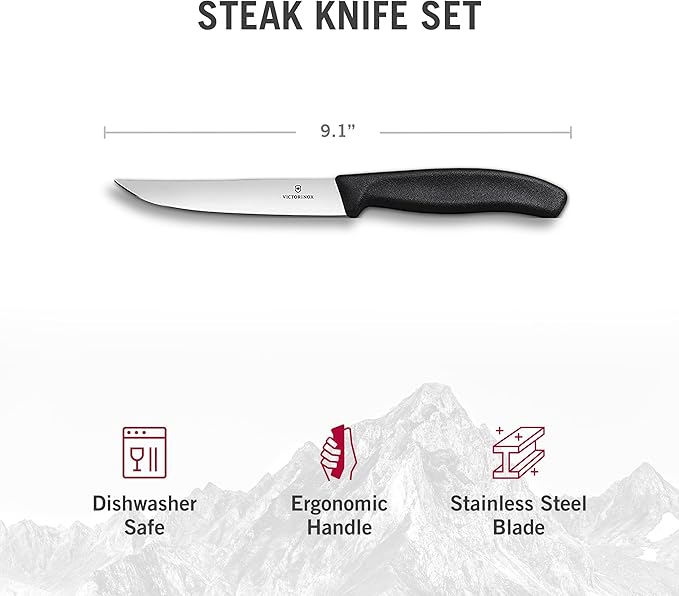 Victorinox Swiss Classic Steak Knives - Kitchen Utensils - Ergonomic, Stainless Steel Meat Knives - Black Handles, Straight Edge, 6-Piece Set