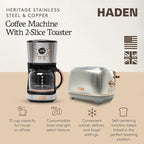HADEN Heritage 12 Cup Programmable Retro Coffee Maker Machine Bundled with 2 Slice Wide Slot Toaster with Removable Crumb Tray, Steel/Copper