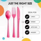 Party Solids Hot Pink Plastic Silverware Heavy Duty 300 Pieces Hot Pink Plastic Cutlery Sets, Utensil Sets, 100 Of Each Forks, Knives & Spoons Disposable Cutlery Set, Flatware Set For Party Supplies
