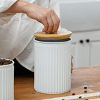 Kitchen Canister Set of 3 Tea Coffee Sugar Containers with Airtight Bamboo Lids Food Flour Storage for Countertop Metal White Vertical Stripe Pattern Embossed Farmhouse Decor