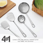 4pcs Cooking Utensils Set - Stainless Steel Kitchen Utensils, Heavy Duty Metal Kitchen Tools with Stainless Steel Spatula Solid & Slotted Turner, Ladle, Skimmer, Dishwasher Safe Easy to Clean