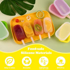 Sakolla 4 Pcs Silicone Popsicle Molds with Lid & 50 Pcs Wooden Popsicle Sticks, Stackable Classic Oval Ice Cream Molds for Homemade Ice Pop, Cakesicles, Freezer Yogurt and Fruit Juice (Multicolor)