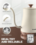 Gooseneck Electric Kettle, 1000W Electric Tea Kettle Stainless Steel, Pour Over kettle for Coffee, Wood-like Grain Finish Handle, Hot Water Kettle, Auto Shut Off, 0.8L, Beige