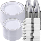 Goodluck 700 Piece Silver Plastic Dinnerware Set for 100 Guests, Disposable Plates for Party, Include: 100 Dinner Plates, 100 Dessert Plates, 100 Pre Rolled Napkins with Silverware, 100 Cups
