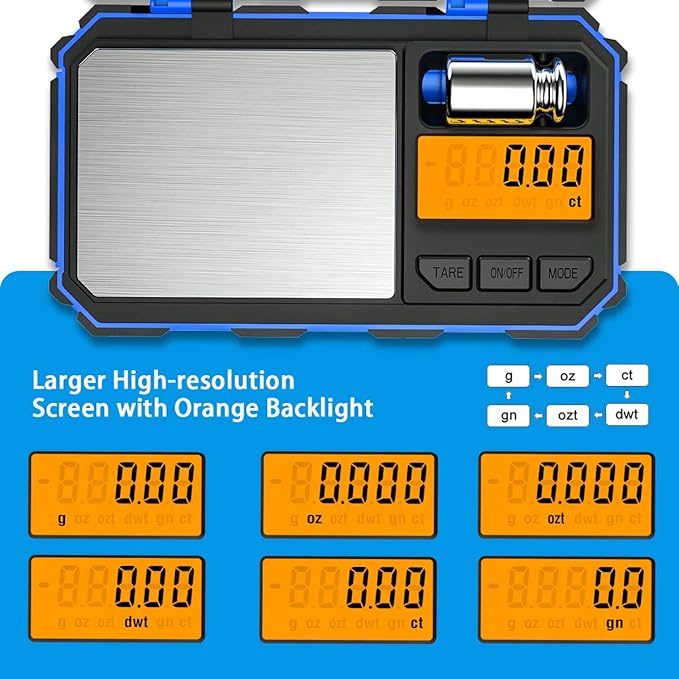 (Upgradaed) Digital Mini Scale, 200g /0.01g Pocket Scale, 50g Calibration Weight, Electronic Smart Scale, 6 Units, LCD Backlit Display, Tare, Auto Off, Stainless Steel (Battery Included)