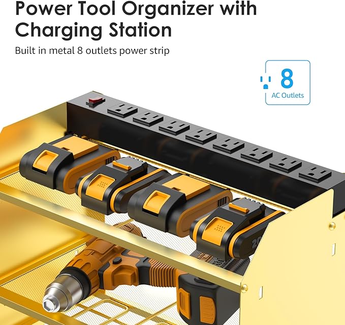 CCCEI Modular Power Tool Organizer Wall Mount with Charging Station. Garage Drill Storage Shelf with Hooks, Heavy Duty Rack, Tool Battery Holder Built in 8 Outlet. Gift for Men. Glod, 1 Pack.