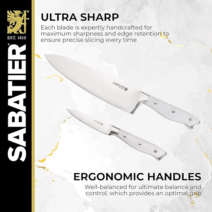 Sabatier Forged Triple Rivet Built-In Edgekeeper Sharpener, 18-Pieces, High-Carbon Stainless Steel Kitchen Knives, Razor-Sharp Knife set with Acacia Wood Block, White
