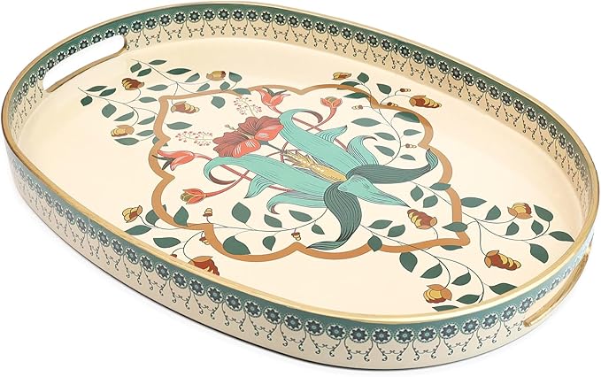 Oval Plastic Serving Tray with Handles, Elegant Decorative Tray for Coffee Table, Ottoman, Living Room, Kitchen, Outdoor Use. 10"*16"*1.4" A