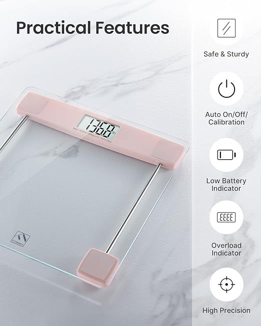 FITINDEX Bathroom Scale for Body Weight, Highly Accurate Digital Weighing Scale with Large LCD Display, Transparent and Slim Tempered Glass, 400 lbs, Pink