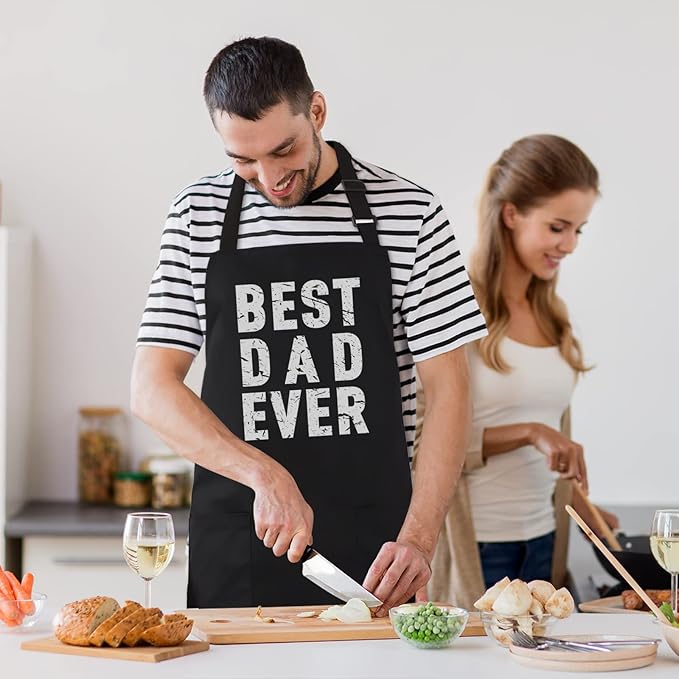 BBQ Funny Apron for Men - Best Dad Ever - Chef Bib Apron with 2 Pockets, Adjustable Neck Strap and 40" Long Ties - Best for Kitchen Cooking, Grilling, Baking, Gardening - Black