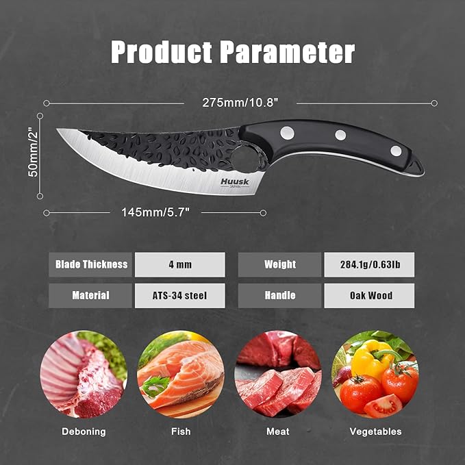 Huusk Viking Knife - Caveman Ultimo Boning Knife with Sheath, Hand Forged Full Tang for Kitchen or Camping Gift for Dad
