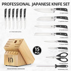 Knife Set with Block, Japanese 15 PCS Ultra Sharp Ktichen Knives Set, High Carbon Stainless Steel Knife Block Set with Sharpener, Professional Knives with Ergonomic Handle for Home Chefs