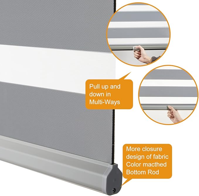 Persilux Cordless Zebra Blinds for Windows Free-Stop Roller Windows Shades (31" W X 72" H, Grey) Dual Layer Light Control for Day and Night, Light Filtering Sheer Shades for Home