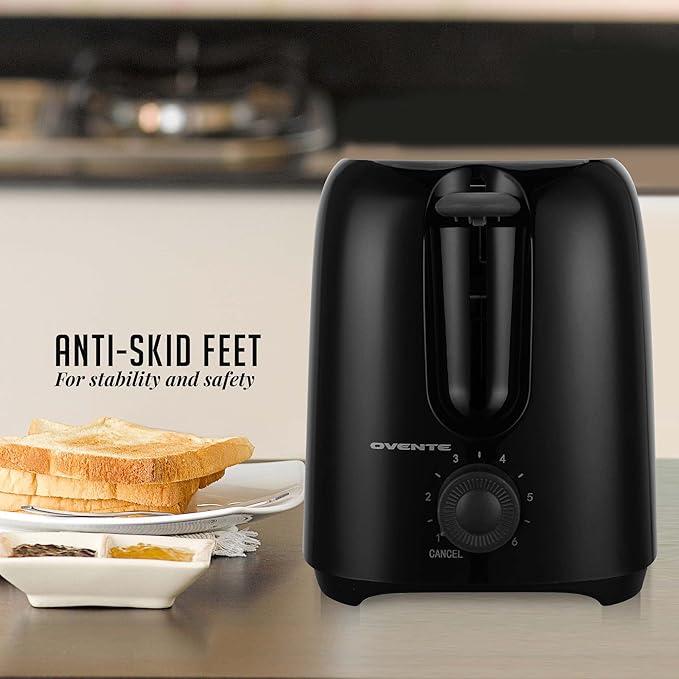 OVENTE Electric 2 Slice Toaster Machine with 6-Shade Browning Selector Setting, Compact Design and Removable Crumb Tray, 700W Power Perfect for Toasting Bread, Thin Bagels and Waffles, Black TP2210B