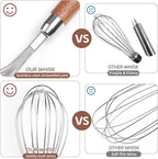 Stainless Steel Wire Cooking Whisk, Multi Function Kitchen Hand Whisk Non Stick Balloon Whisk Egg Beater for Blending Whisking Beating Frothing Stirring Batters,Wooden Handle (11""L x 2.1""W)