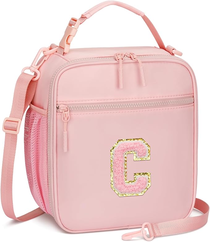Initial Insulated Lunch Bag for Girls Kids, Back to School Gift, Reusable Leak-proof Lunch Box with Adjustable Strap for School Daycare Travel Picnic (Pink,C)