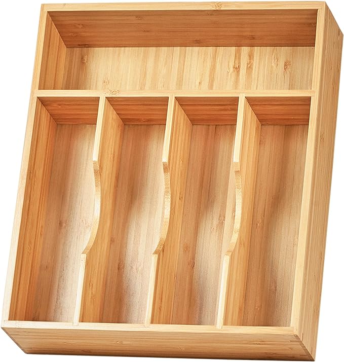 Umilife Bamboo Kitchen Drawer Organizer, 11 Inch Silverware Utensils Tray Holder with Grooved Dividers, 2.4" High Wood Caddy for Flatware Cutlery Knives