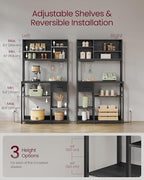 VASAGLE Bakers Rack with Charging Station, Coffee Bar with Adjustable Storage Shelves, Fabric Drawer, 12 Hooks, 15.7 x 39.4 x 71 Inches, Kitchen Microwave Stand, Charcoal Gray and Ink Black UKKS027B01