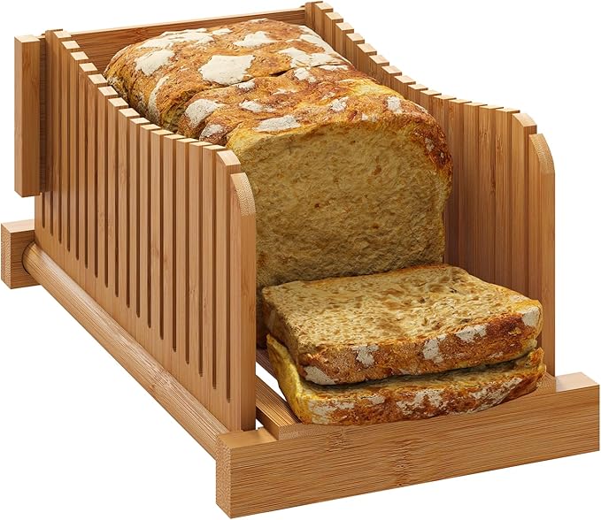 Bamboo Bread Slicer, Adjustable Bread Slicer Guide with 3 Thickness Size, Foldable Compact Chopping Cutting Board, Great for Homemade Bread, Cakes, Bagels