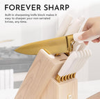 White and Gold Knife Set with Block Self-Sharpening – 14-Piece Titanium Coated Gold and White Kitchen Knives with Ashwood Block and Built-In Sharpener – Luxury Kitchen Accessories, Ideal Gift