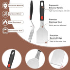 Stainless Steel Spatula Set, 2 Pack Small Metal Spatulas for Kitchen Use, Solid and Slotted Turner with Silicone Handle, Spatula for Cast Iron Skillet Cooking, Cookie and Brownie Serving