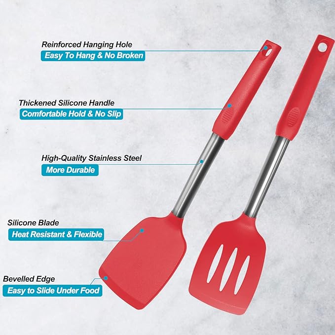 Silicone Spatula and Cooking Spoon,5 Pack Non-Stick Cooking Utensils for Kitchen，Heat Resistant Solid & Slotted Spoons and Spatulas, Stainless Steel Handle Coated with Silicone,Red