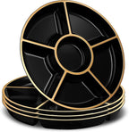 PLASTICPRO 6 Sectional Round Plastic Serving Tray/Platters Black & Gold Pack of 2