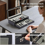 AUTOARK 2-Tier PU Leather & Velvet Knife Organizer with 17 Slots,Transparent Glass Top & Drawer,Compact Storage for Pocket Knives,Perfect for Men's Collections & Gifts,Black,MKAW015