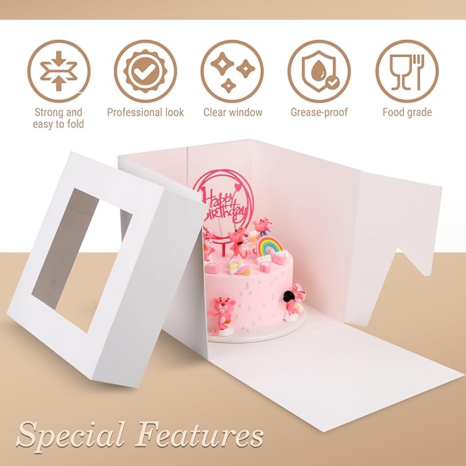 Cakebon Cake Boxes with Boards - 10 Inch Round Cake Drum Gold - Box With Window for Birthdays, Weddings and Parties (1pc Each, 2pcs Total)