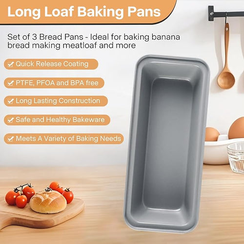3-Pack 13×5 Inch Loaf Pan for Baking Bread, Nonstick Carbon Steel Bread Pan, Rust-Resistant & Warp-Resistant Full-Size Large Loaf Pan for Homemade Bread, Banana Loaf and Meatloaf