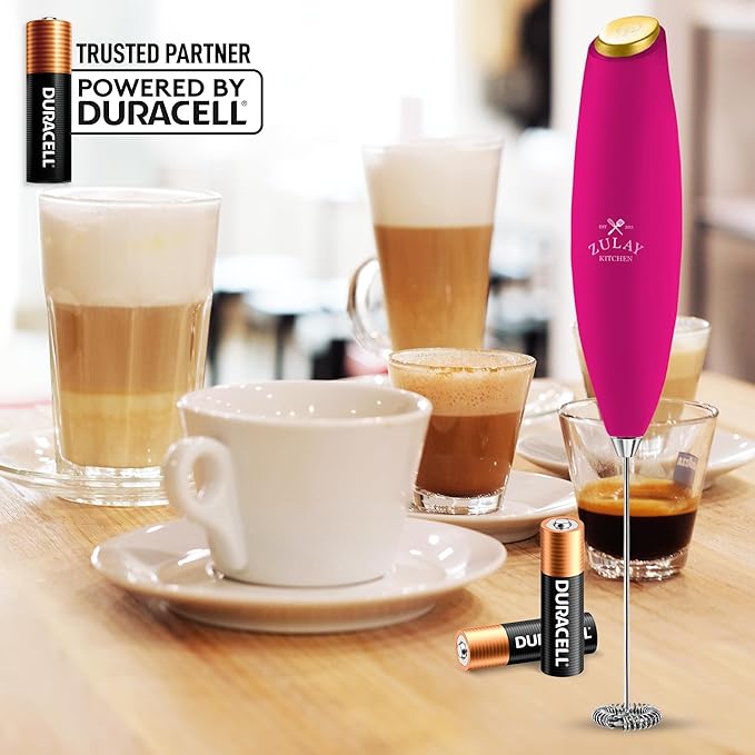 Zulay Kitchen Milk Frother Wand Drink Mixer with AA Duracell Batteries- Durable Handheld Milk Frother Electric Whisk - Easy-Clean Milk Frother Wand & Blender - Electric Coffee Frother - Dragonfruit
