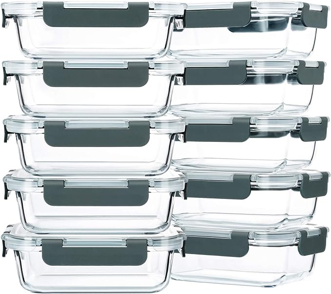 M MCIRCO 10-Pack,22 Oz Glass Meal Prep Containers,Glass Food Storage Containers with lids,Lunch Containers,Microwave, Oven, Freezer and Dishwasher (Gray)