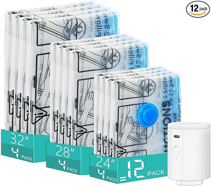 Vacuum Storage Bags with 3000Pa Wireless Pump for Travel, 12 Pack Vacuum Seal Bags for Clothing Travel, Compression Vacuum Bags for Clothes,Luggage,Blankets(4 Large, 4 Medium, 4 Small)