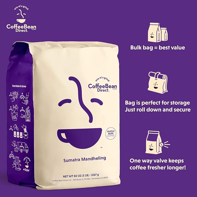 Coffee Bean Direct Sumatra Mandheling, Whole Bean Coffee, Light Roast, 5 Pound Bag (Pack of 1)