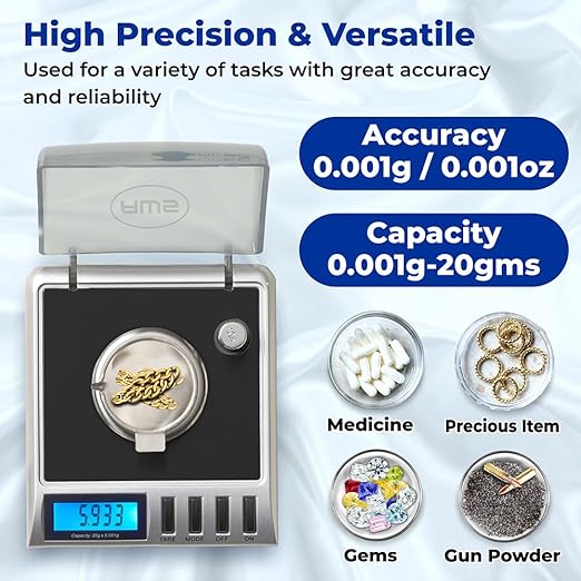 AWS Gemini-20 Milligram Scale 20g x 0.001g–Digital Jewelry/Lab Scale for Powder, Gold, Gems – Includes Calibration Weights, Tweezers & Tray–Tare, Cal, 6 Units (Gemini - 20 - Black)