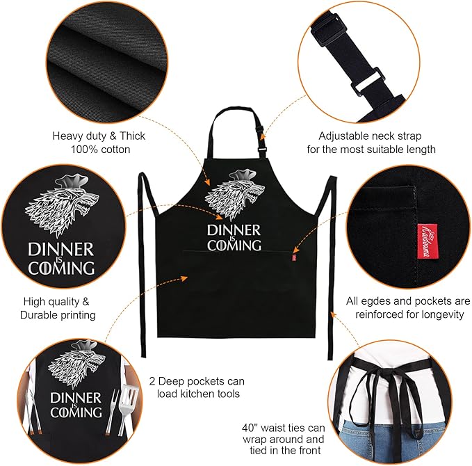 Grill Aprons for Men Women, Dinner is Coming Kitchen Chef Apron with 2 Pockets and 40" Long Ties, Adjustable Bib Apron for Cooking, BBQ, Baking, Gardening, Black