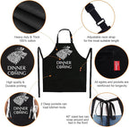 Grill Aprons for Men Women, Dinner is Coming Kitchen Chef Apron with 2 Pockets and 40" Long Ties, Adjustable Bib Apron for Cooking, BBQ, Baking, Gardening, Black