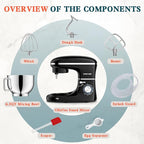 CHeflee Stand Mixer,660W 6+P With 6.5QT Stainless Steel Bowl,Dough Hook, Wire Whip & Beater,for Most Home Cooks,Black