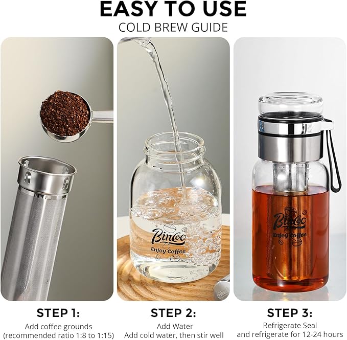 Glass Cold Brew Coffee Maker with Extended Fine Mesh Filter, Tea Infuser Bottle Iced Coffee Maker with Thick Borosilicate Glass (750ml/24oz)