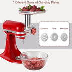 Stainless Steel Meat Grinder Attachment for KitchenAid Stand Mixers, Includes 3 Grinding Plates & 3 Sausage Stuffer Tubes, All-Metal Food Grinder, Dishwasher Safe