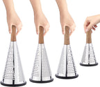 Cone Cheese Grater with Handle - Stainless Steel Triple Function Wood Handle Parmesan Shaver Non-Slip Rubber Bottom Hand Held Multifunction Vegetables Cheese Grater with container (M: 9.4" X 4.3")