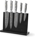 Wakoli Damascus Knife Block Set – 5-Piece Professional Chef Knife Collection with Magnetic Block | Genuine 67-Layer Damascus Steel Blades with VG10 Core | Ergonomic G10 Handles (Noir Blanc)