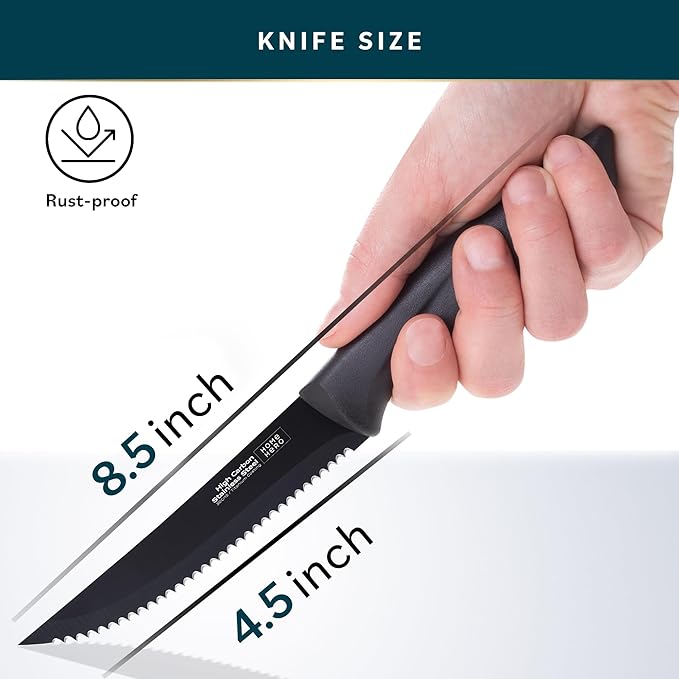 Home Hero High-Carbon Stainless Steel Steak Knife Set - Sharp Serrated Knives & Nonstick Coating - Ergonomic TPR-Coated Handles - Rust-Resistant Blades & Hand Wash - 8-Piece Set, Black