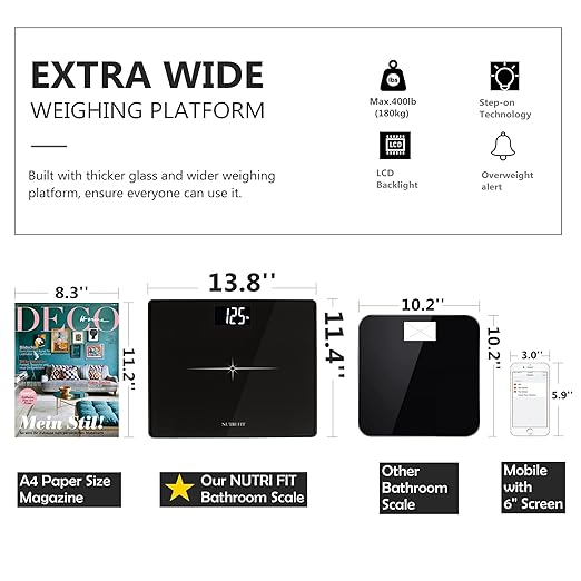 NUTRI FIT Extra-Wide/Ultra-Thick Digital Body Weight Bathroom Scale with 3 Inch Large Easy Read Backlit LCD Display Max Capacity 400lb Step-on Technology, Black