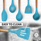 Zulay Kitchen Non-Stick Cooking Utensils Set with Authentic Acacia Wood Handles – 5-Piece Durable & Stylish Silicone Kitchen Utensils Set – Heat Resistant to 464°F – Blue