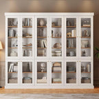 70.8" Bookshelf with Glass Doors, Farmhouse Modular Bookcase with 6-Tier Adjustable Shelves, Large Storage Cabinet for Living Room & Home Office, Set of 2, White