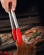 Red Stainless Steel Tongs Heat Resistant Kitchen Tongs Set - 7" & 9" Inch, BBQ Tongs with Silicone Tip, Strong Grip for Cooking, Salad Tossing, Air Fryer, and Grill Tongs- Pull Lock, Red- Set of 2