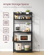 VASAGLE Hutch Bakers Rack with Power Outlet, 14 Hooks Microwave Stand, Adjustable Coffee Bar with Metal Wire Panel, Kitchen Storage Shelf, 15.7 x 31.5 x 66.9 Inches, Charcoal Gray and Ink Black