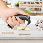 Garlic Press Rocker - Stainless Steel Garlic Mincer, Garlic Chopper, Garlic Crusher with Garlic Peeler and Cleaning Brush for Effortless Smashing Garlic.